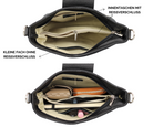 Schwarze Lederhandtasche mit mehreren Innentaschen, Reißverschlüssen und Fächern. Praktisch und stilvoll für Damenmode und Accessoires.
