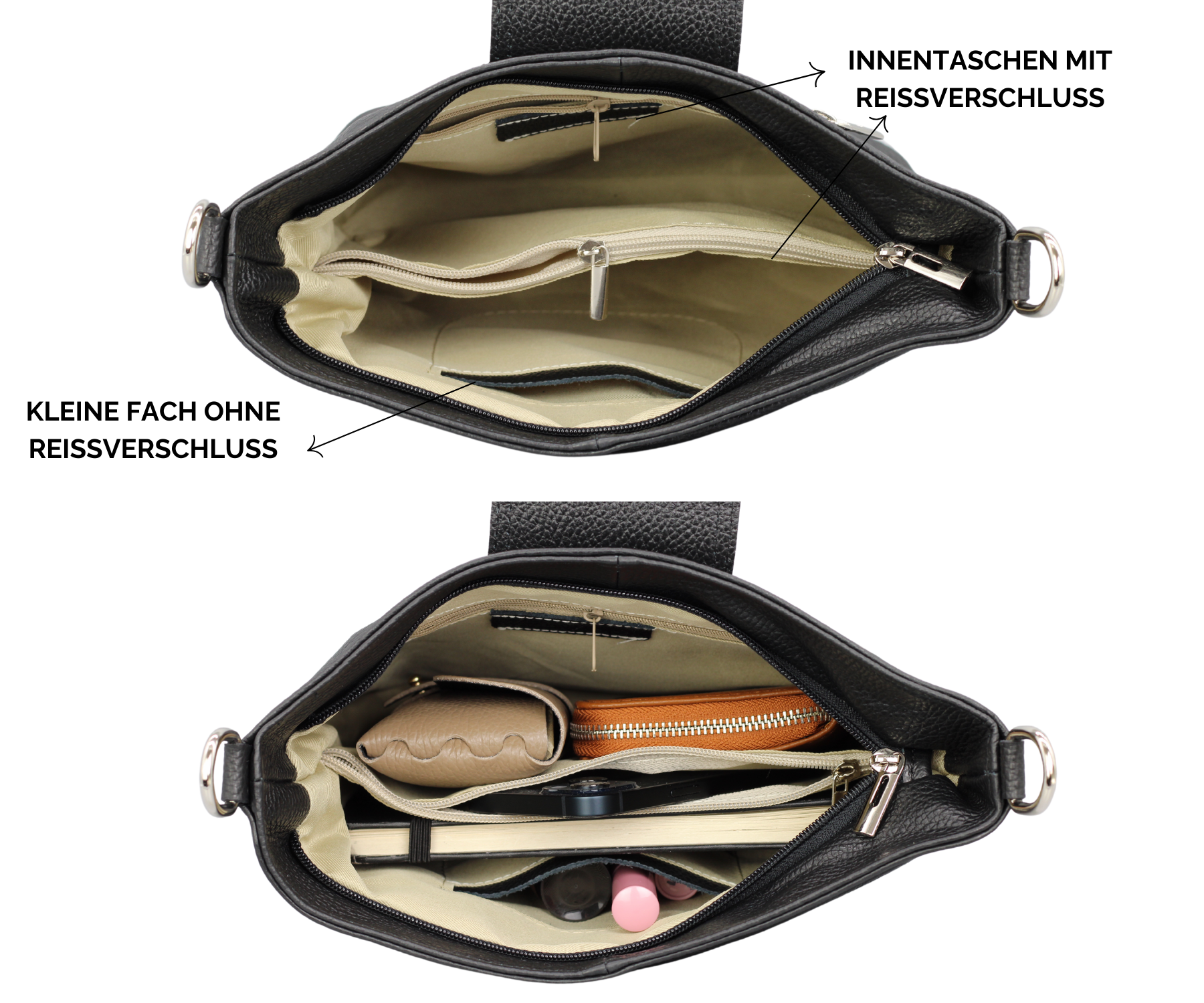Schwarze Lederhandtasche mit mehreren Innentaschen, Reißverschlüssen und Fächern. Praktisch und stilvoll für Damenmode und Accessoires.