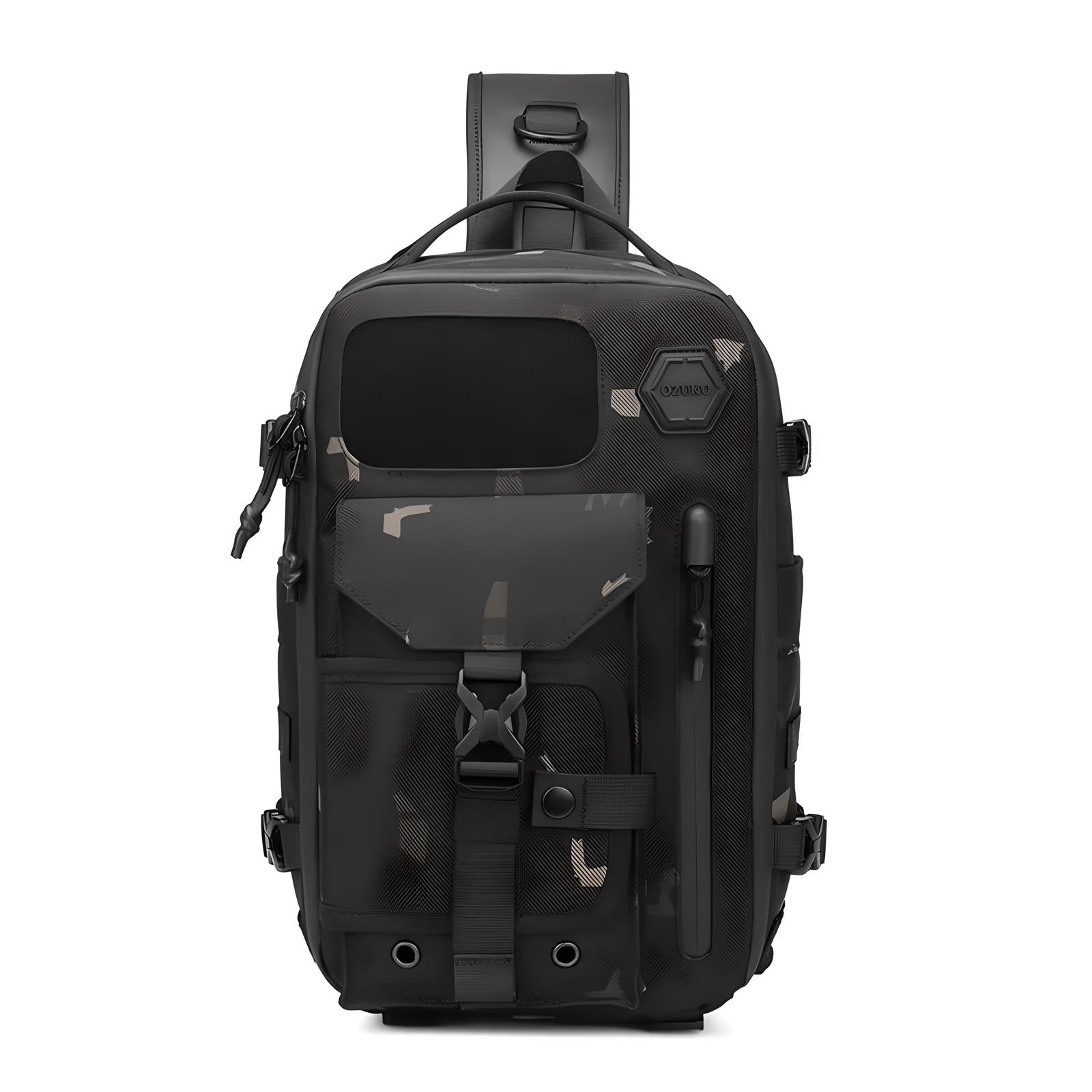Schwarzer Camouflage-Rucksack, wasserdicht, mit mehreren Fächern, ideal für Outdoor-Aktivitäten.