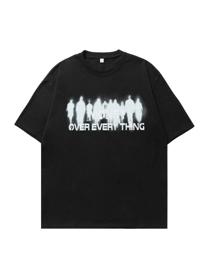 Schwarzes T-Shirt mit weißem "MONEY OVER EVERYTHING"-Aufdruck, lässiger Stil, Unisex, Streetwear, Baumwolle, modisches Design.