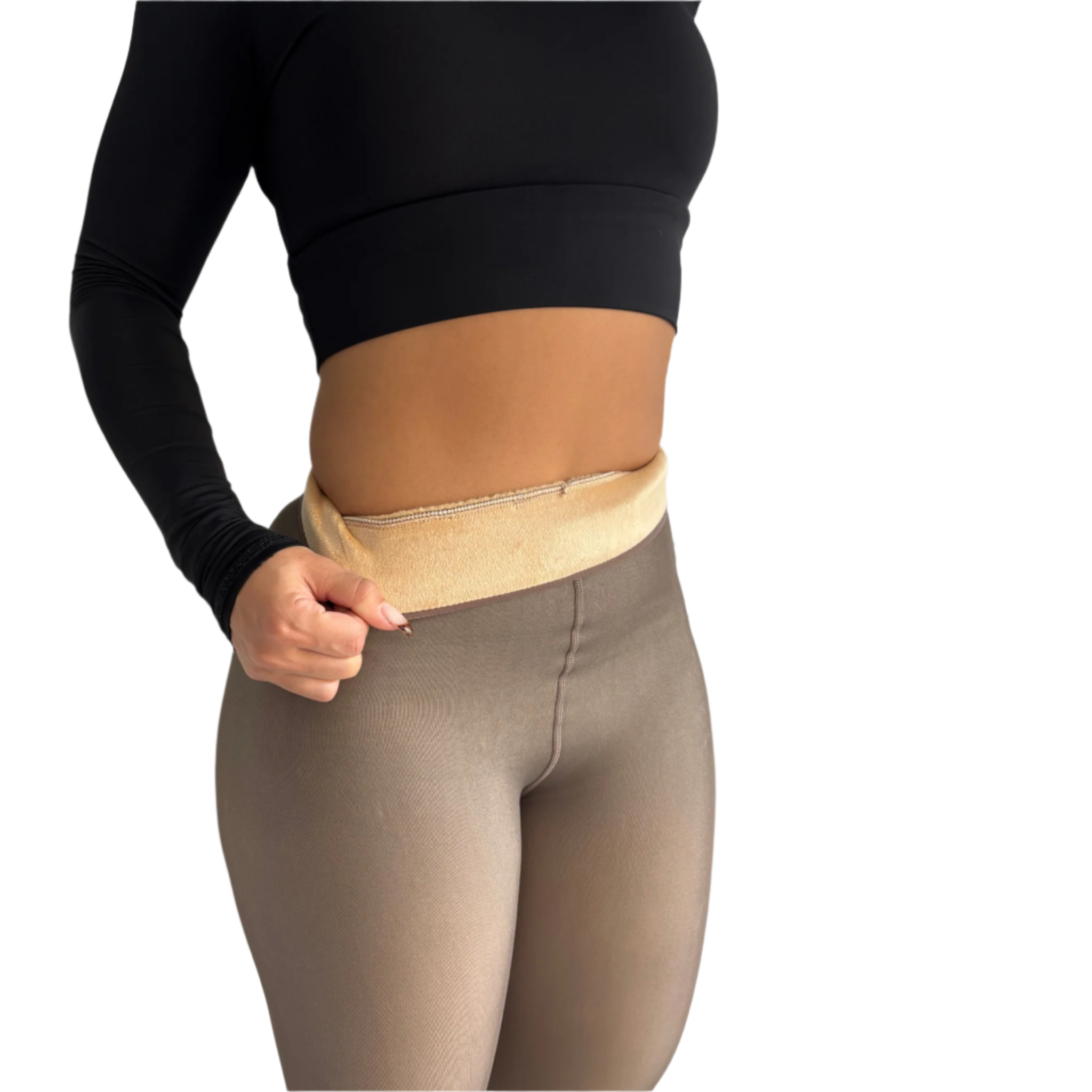Damen-Sportleggings mit hoher Taille, nahtlos und figurbetont, ideal für Fitness und Yoga. Bequemes, elastisches Material in Schwarz und Beige.
