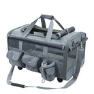Graue Haustier-Transporttasche mit Rollen, Netzfenstern und Taschen, ideal für Reisen.
