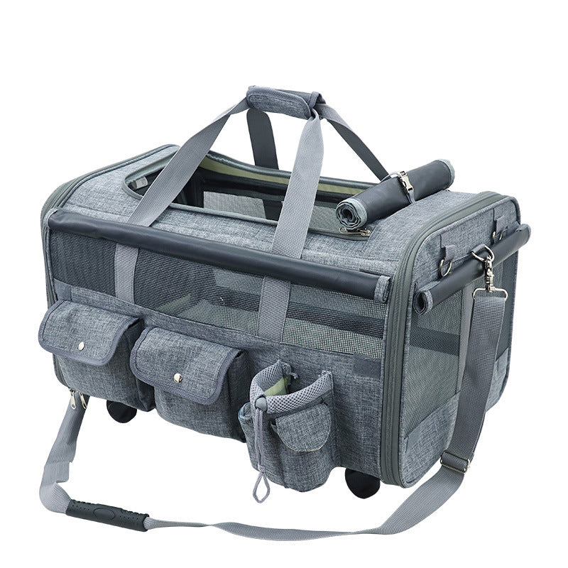 Graue Haustier-Transporttasche mit Rollen, Netzfenstern und Taschen, ideal für Reisen.