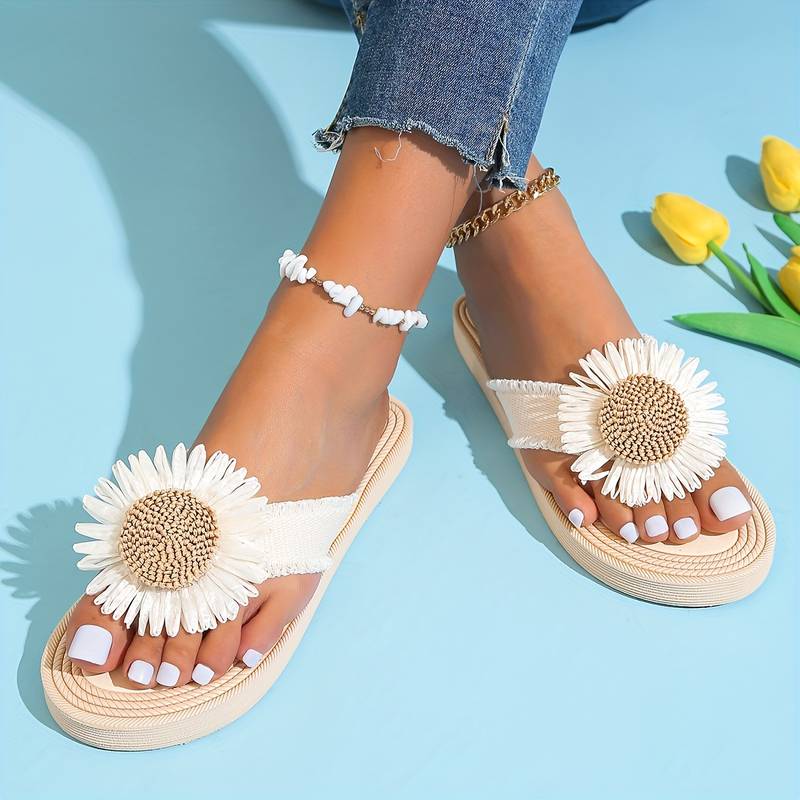Damen-Sandalen mit Sonnenblumen-Dekor, bequeme Sommerschuhe, modische Flip-Flops, ideal für Strand und Freizeit, stilvoll und trendy.