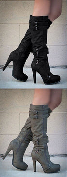Damenstiefel mit hohem Absatz, Schnallen und Reißverschluss, in Schwarz und Grau. Modische, elegante Stiefel für Herbst und Winter.