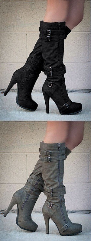 Damenstiefel mit hohem Absatz, Schnallen und Reißverschluss, in Schwarz und Grau. Modische, elegante Stiefel für Herbst und Winter.