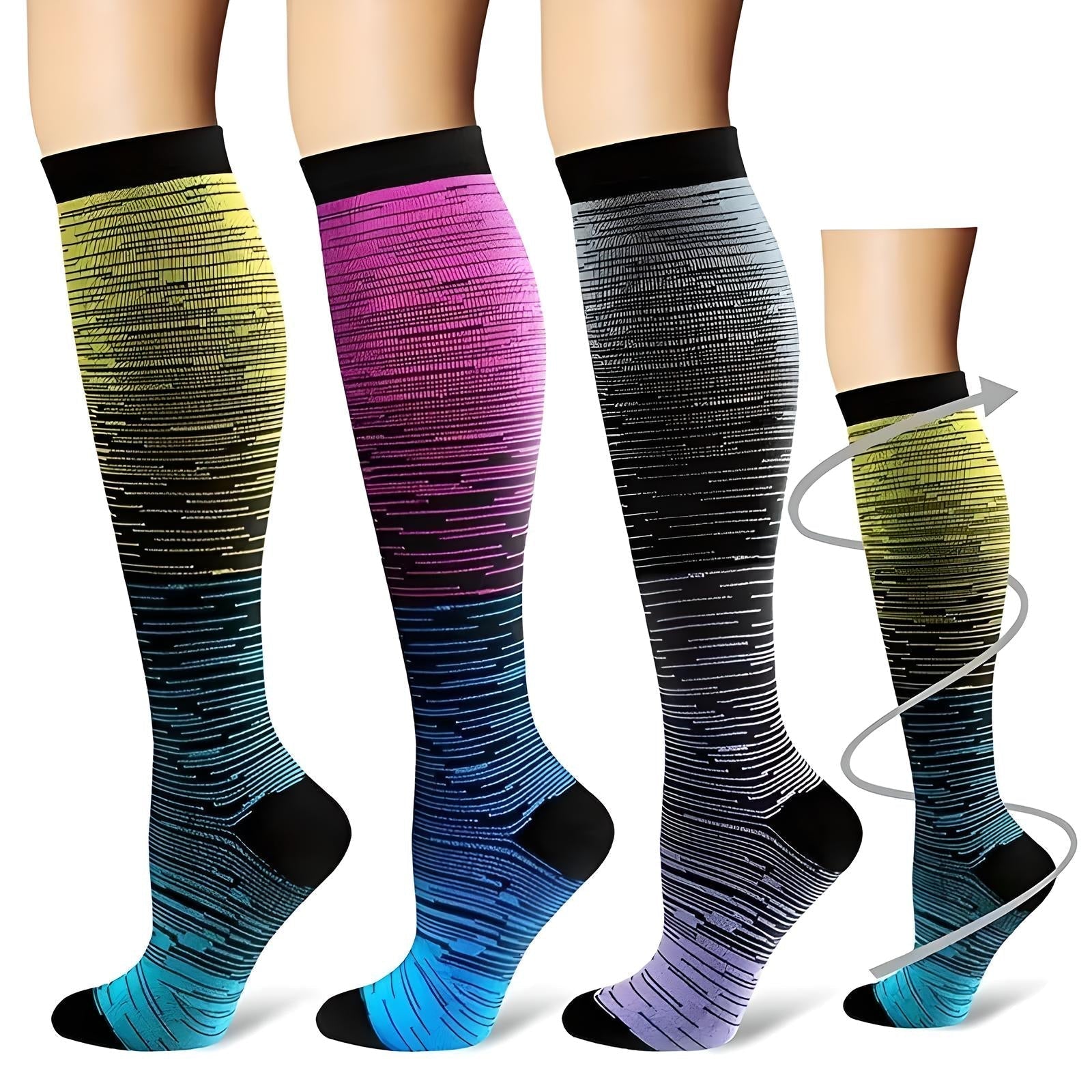 Bunte Kompressionsstrümpfe für Damen und Herren, gestreift, knielang, ideal für Sport und Reisen.