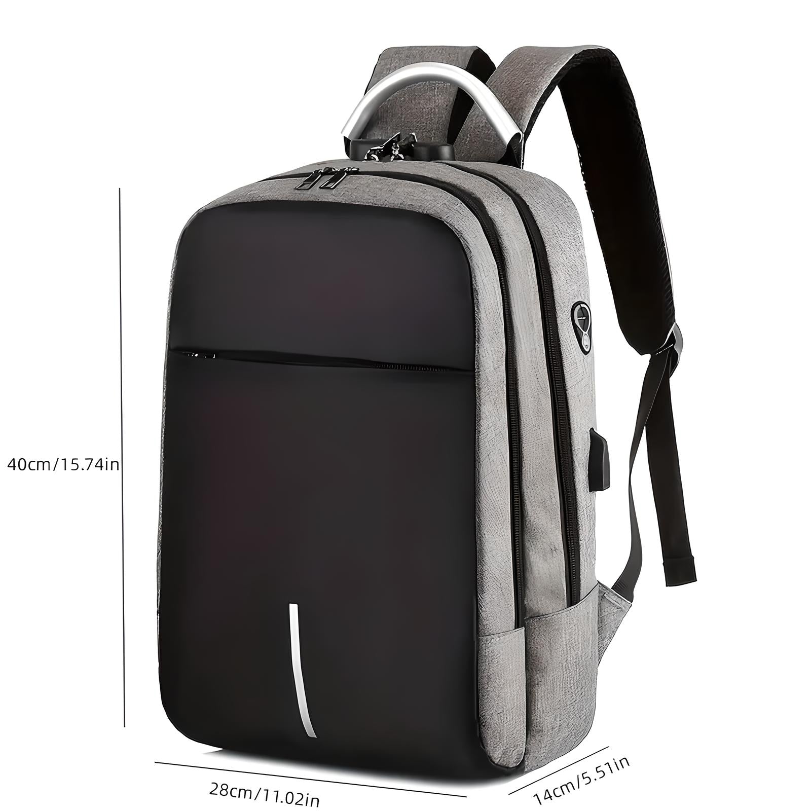 Grauer und schwarzer Laptop-Rucksack, wasserdicht, Diebstahlschutz, USB-Anschluss, 40x28x14cm