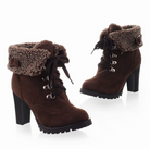 Damenstiefeletten mit Absatz, braun, gefüttert, Schnürung, Wintermode, warme Schuhe, modische Stiefel, bequem, elegant, robust, rutschfest.