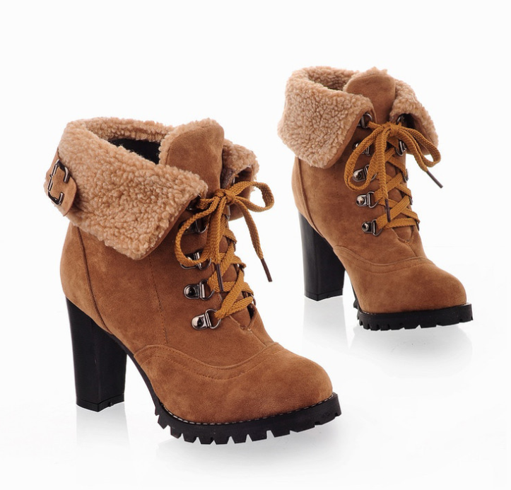 Damen-Winterstiefel mit Absatz, braun, gefüttert, Schnürung, modisch, warm, rutschfest, ideal für kalte Tage, stilvoller Look, bequem.
