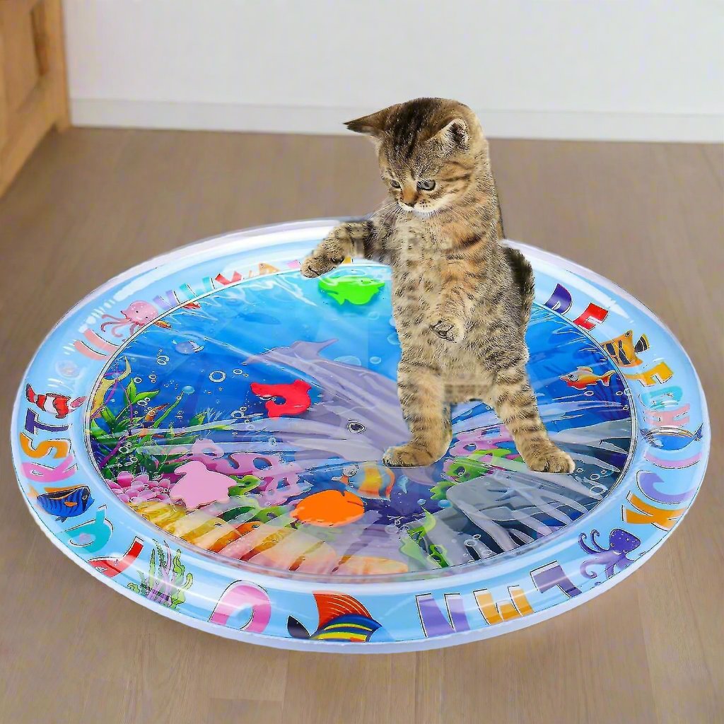 Katzenspielzeug Wassermatte mit bunten Fischen, interaktiv und rutschfest, ideal für Katzenunterhaltung und sensorische Stimulation.