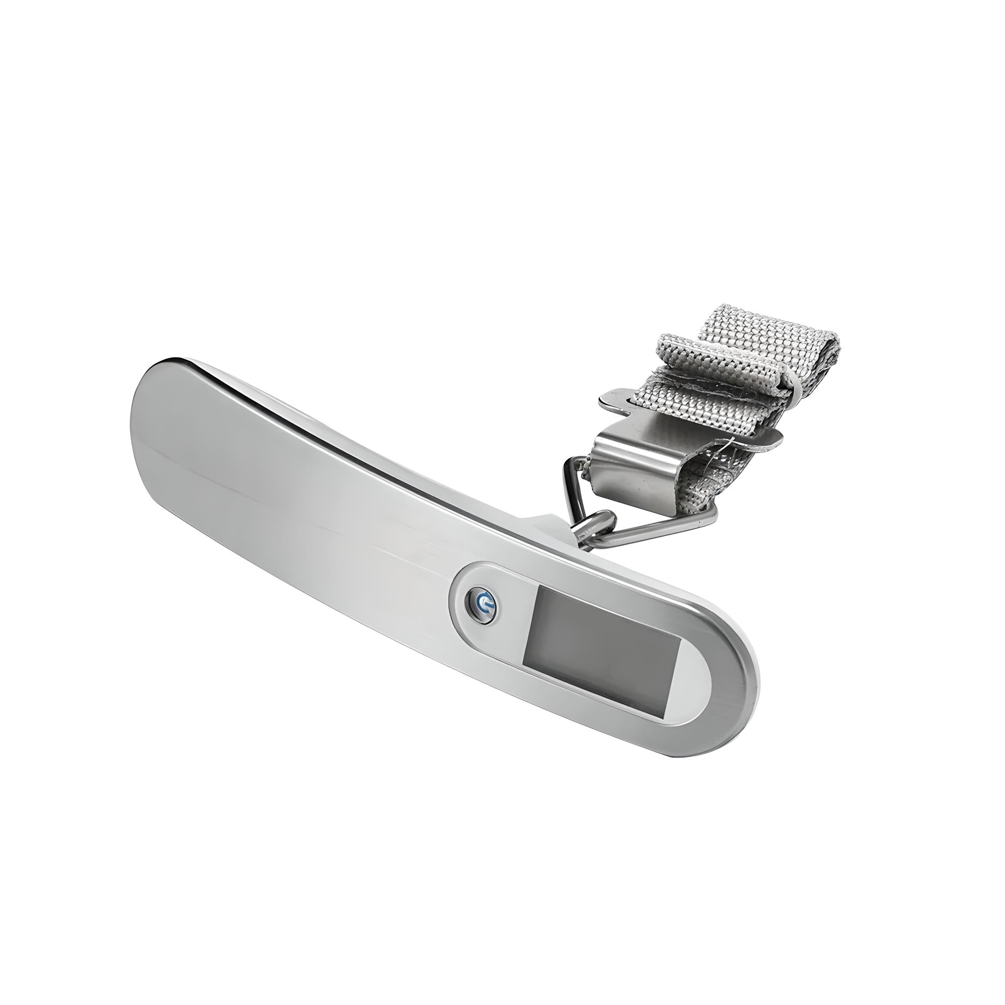 Silberne digitale Kofferwaage mit Gurt, tragbar, präzise Gewichtsmessung, Reiseaccessoire.