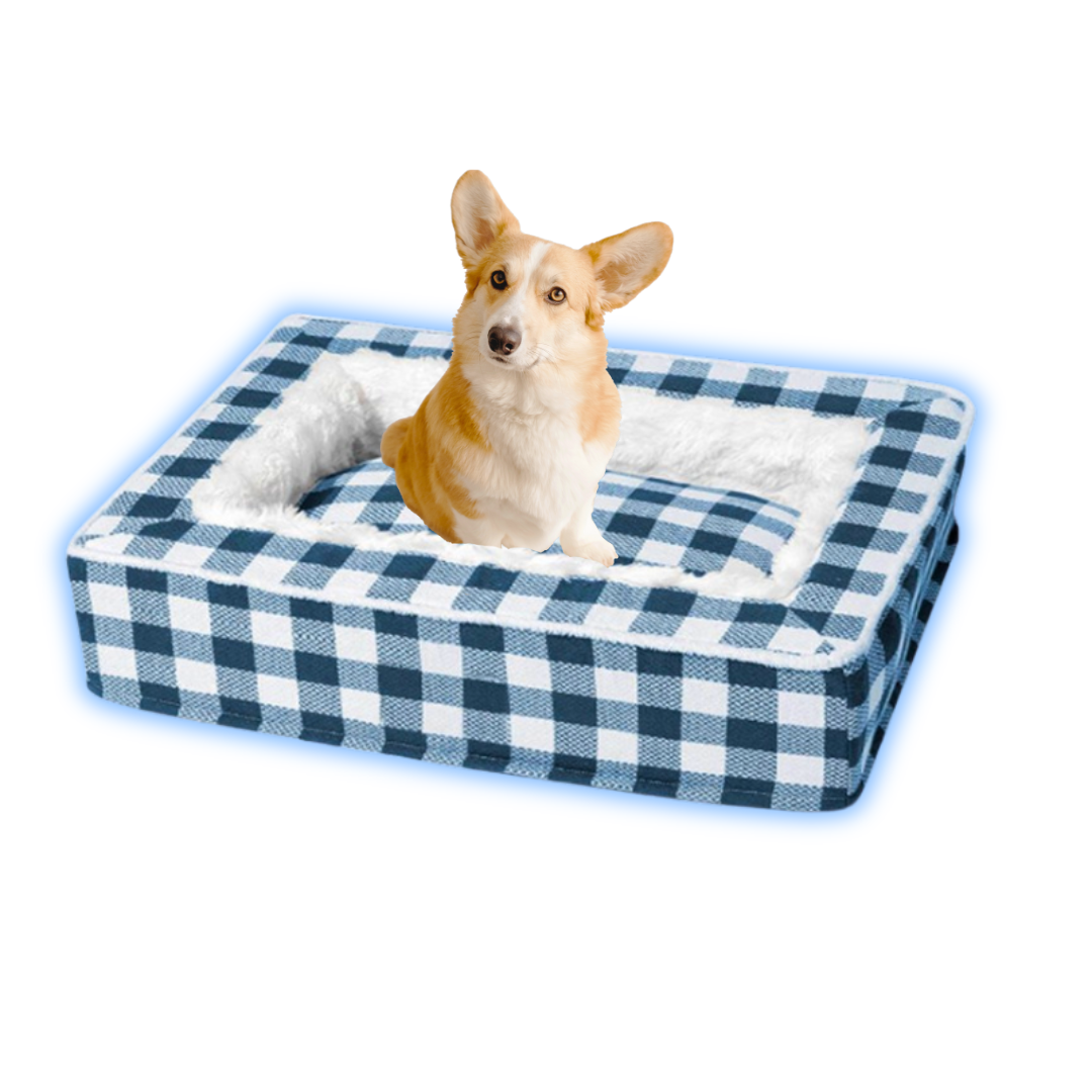 Hundebett kariert blau-weiß mit Corgi, gemütlich und stilvoll, ideal für kleine Hunde, waschbar, rutschfest, hochwertiges Haustierzubehör.