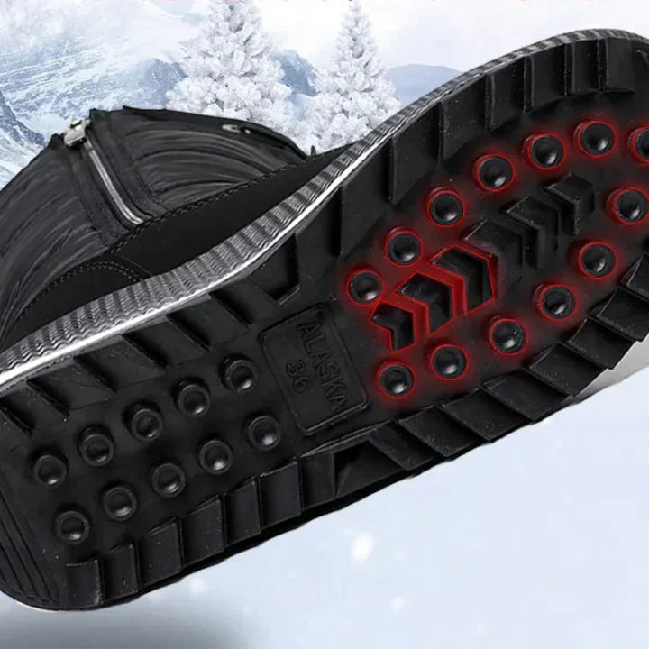 Schwarzer Winterstiefel mit rutschfester Sohle, ideal für Schnee und Eis. Perfekt für Outdoor-Aktivitäten im Winter. Hochwertige Verarbeitung.