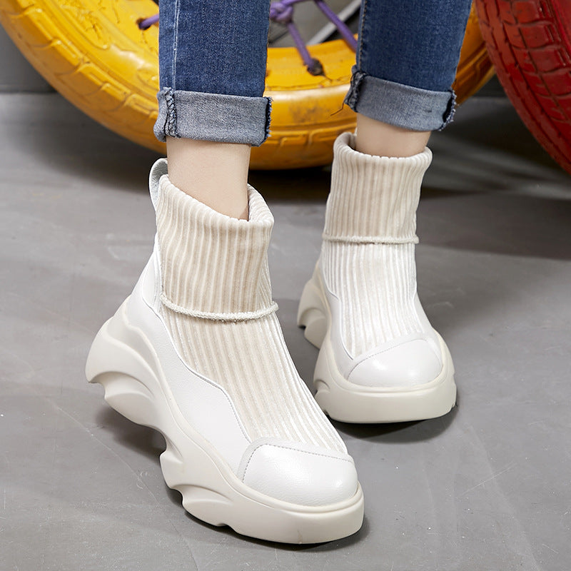 Damen-Sneaker mit dicker Sohle, weiß, Strick-Design, modisch, bequem, ideal für Herbst/Winter, trendige Schuhe, urbaner Stil.