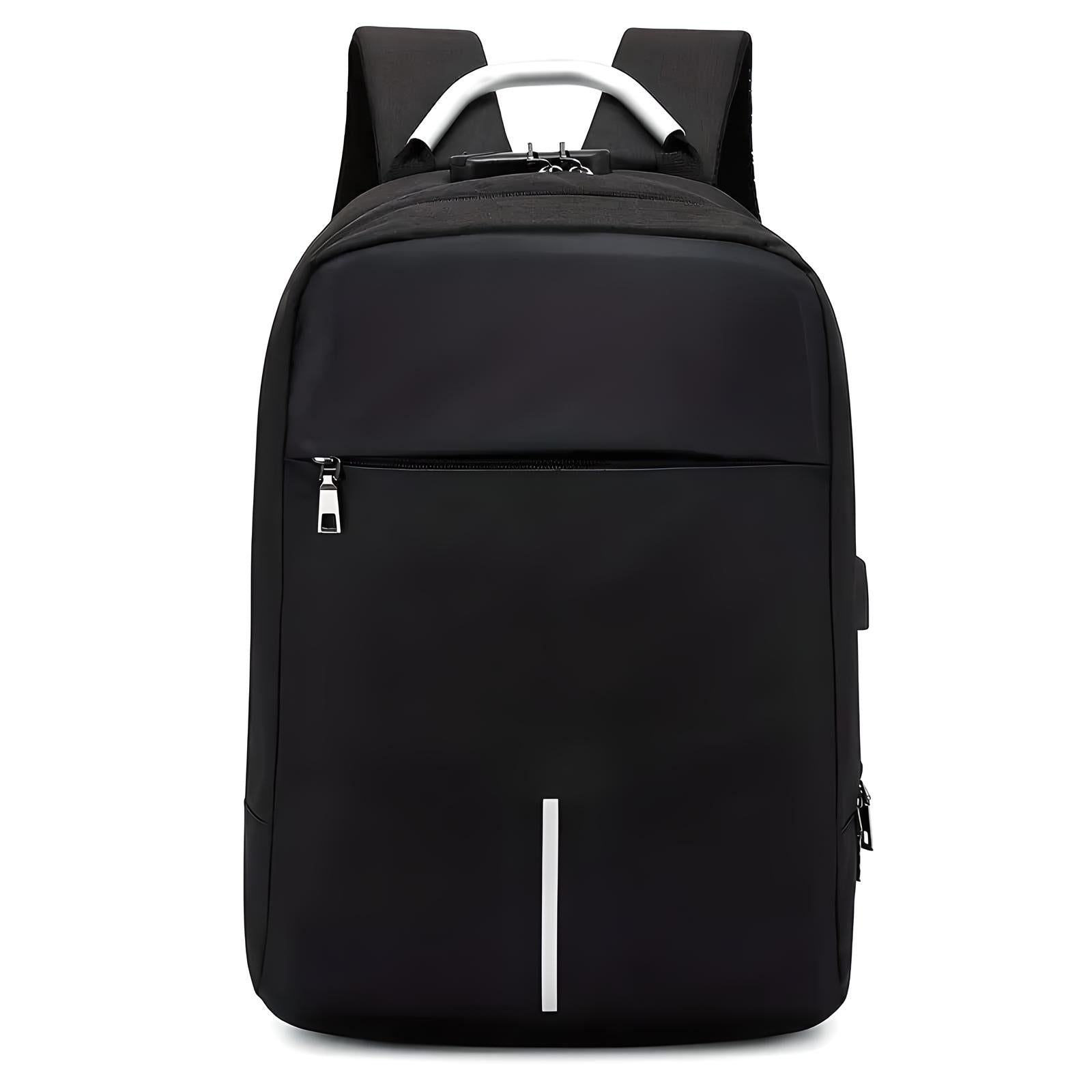 Schwarzer Laptop-Rucksack, diebstahlsicher, wasserabweisend, mit USB-Anschluss, Unisex.