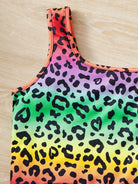 Bunter Leoparden-Print Tanktop, Regenbogenfarben, ärmellos, modisch, Damenmode, trendiges Design, auffälliges Muster, Sommerkleidung.