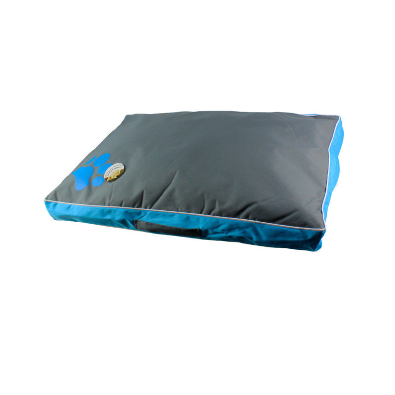 Graues und blaues Hundebett, rechteckig, mit Pfotenabdruck, waschbar, bequem.