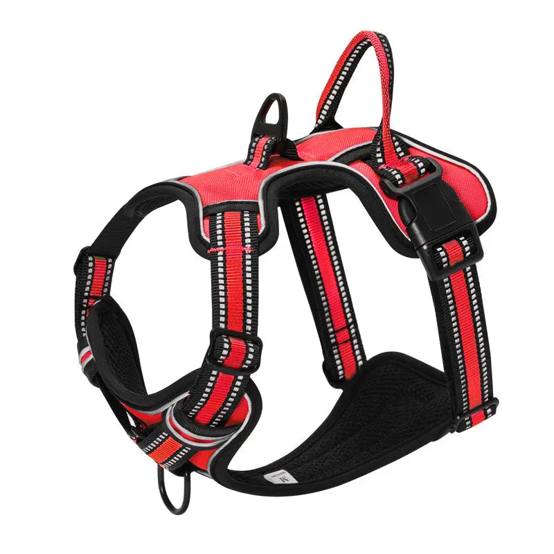 Rotes Hundegeschirr, reflektierend, verstellbar, robustes Nylon, für sicheres Hundetraining.