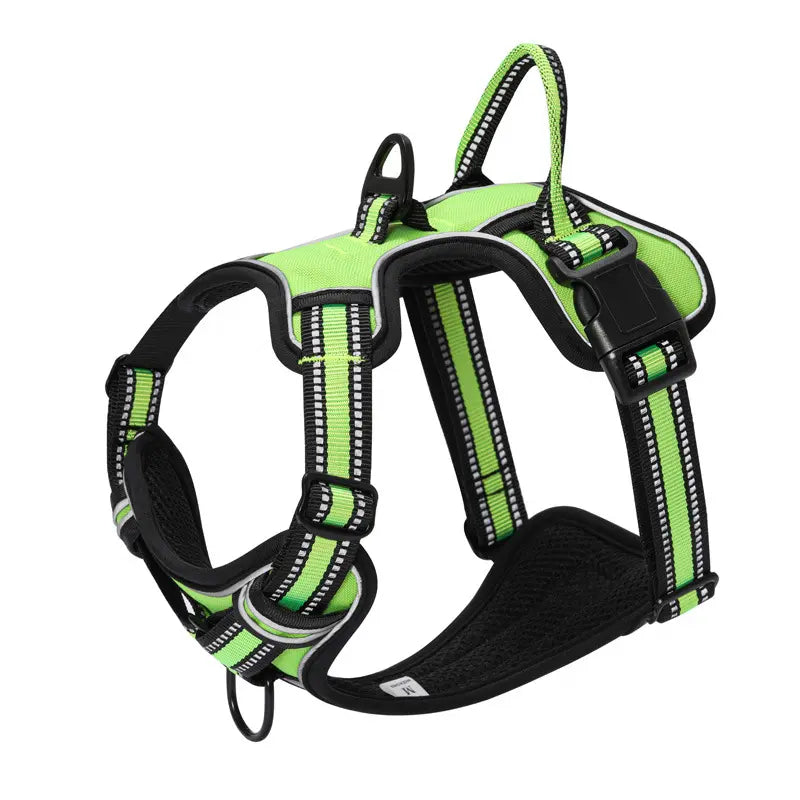 Grünes Hundegeschirr, reflektierend, verstellbar, strapazierfähig, für sicheres Hundetraining.