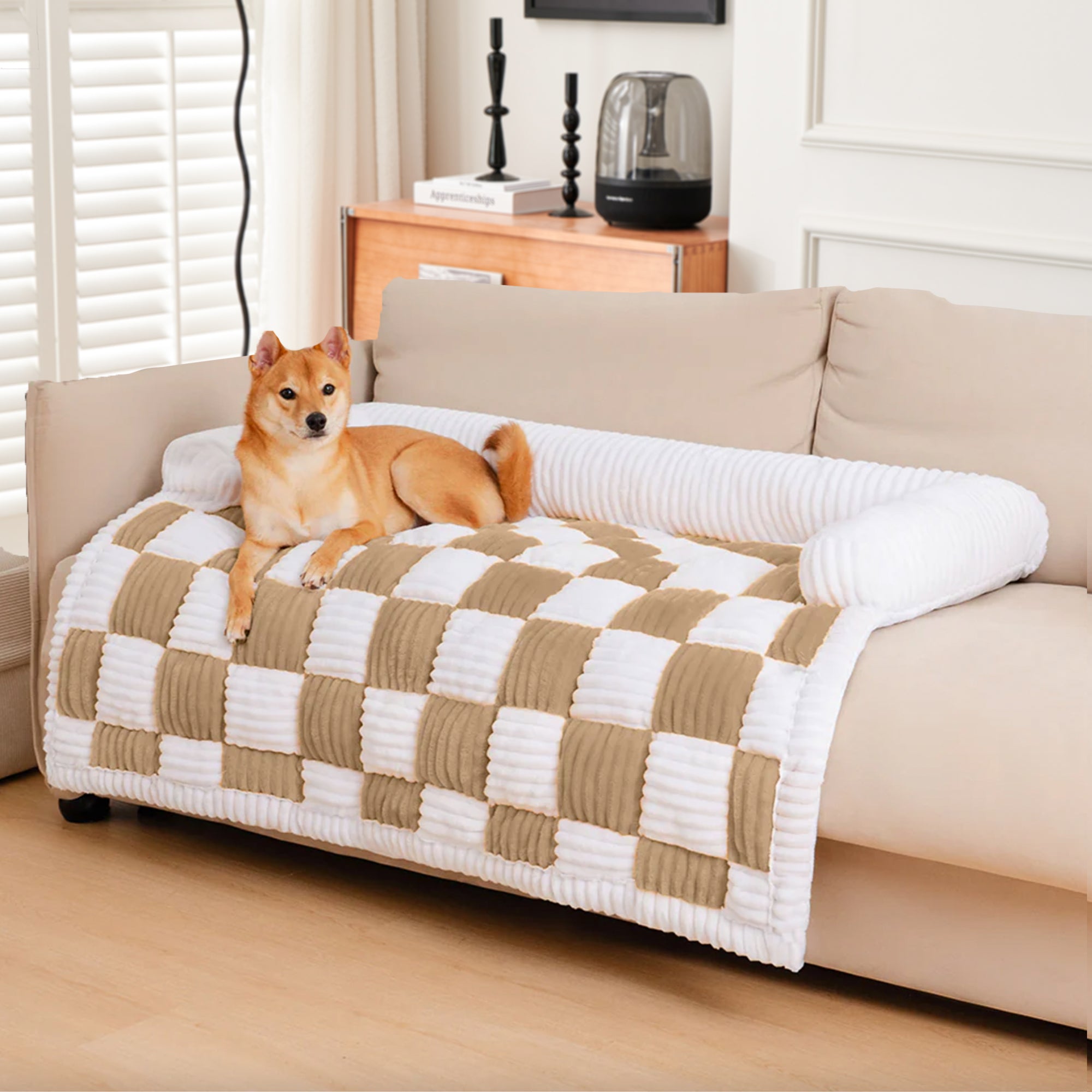 Hundematte creme kariert, quadratisch, gemütlich, Möbel-Schutzbezug, Sofa, Wohnzimmer.