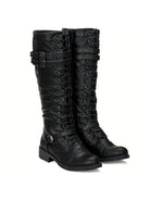 Schwarze Damenstiefel aus Leder mit Schnürung und Schnallen, kniehoch, modisch und robust. Perfekt für Herbst- und Winteroutfits.