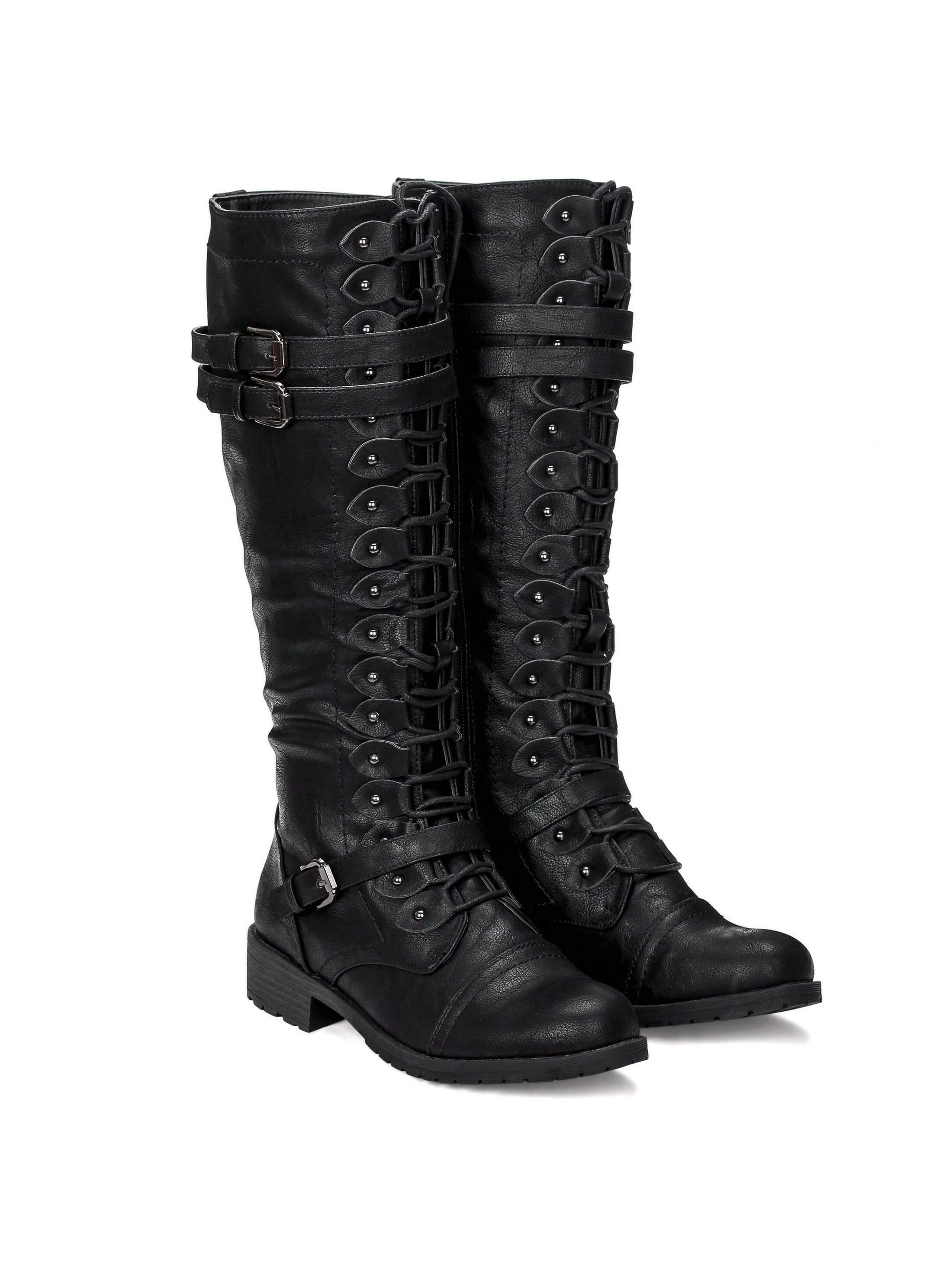 Schwarze Damenstiefel aus Leder mit Schnürung und Schnallen, kniehoch, modisch und robust. Perfekt für Herbst- und Winteroutfits.