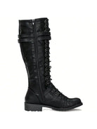 Schwarzer Damenstiefel mit Schnürung und Reißverschluss, kniehoch, aus Lederimitat. Perfekt für Herbstmode und urbanen Stil.