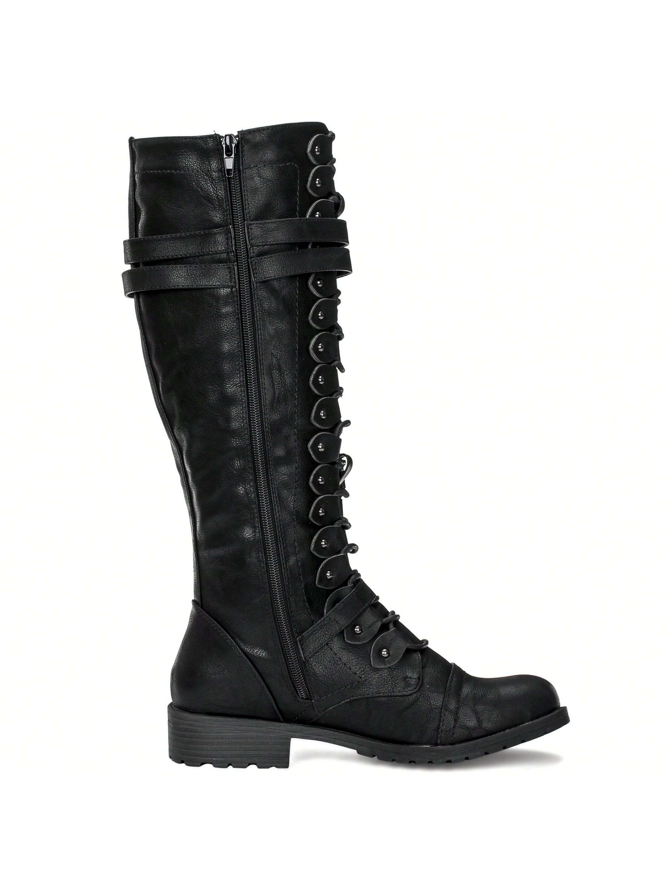 Schwarzer Damenstiefel mit Schnürung und Reißverschluss, kniehoch, aus Lederimitat. Perfekt für Herbstmode und urbanen Stil.