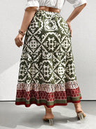Damen Maxirock mit grünem und rotem Ethno-Muster, elastischer Bund, Sommermode.
