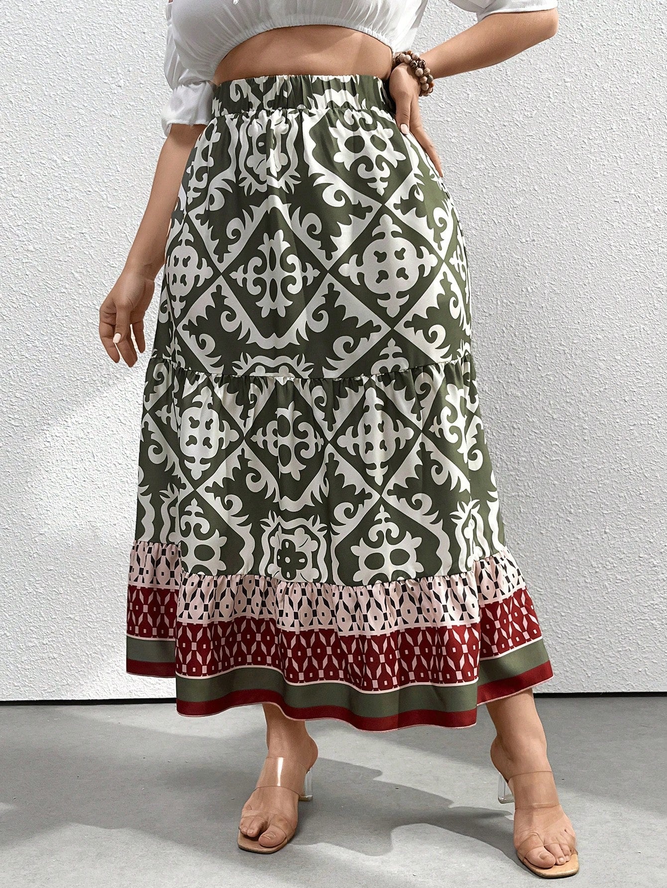 Damen Maxirock, grün-weißes Ethno-Muster, elastischer Bund, Sommermode, elegant.