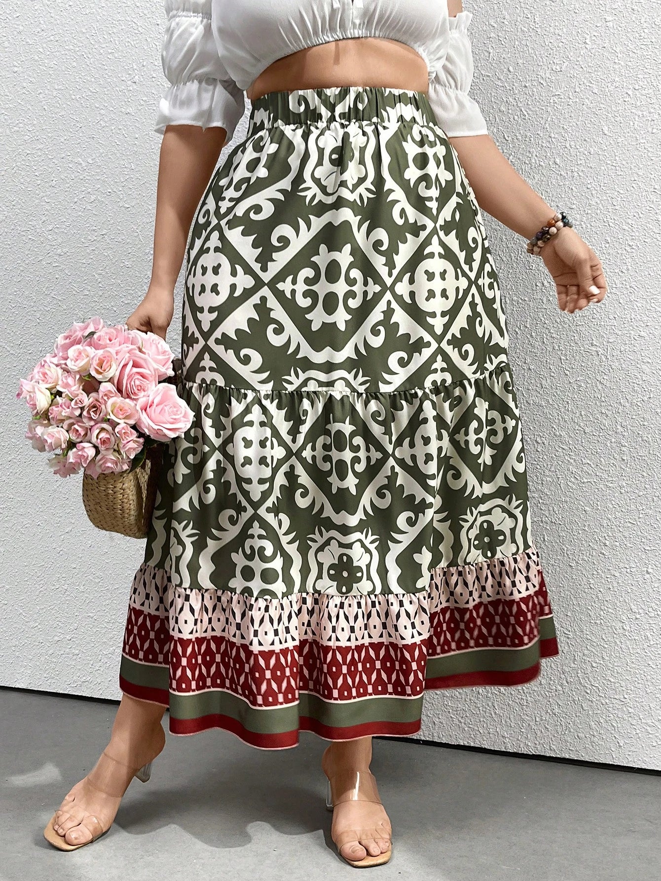 Damen Maxirock mit grünem Ethno-Muster, elastischer Taille, Sommermode, Boho-Stil.