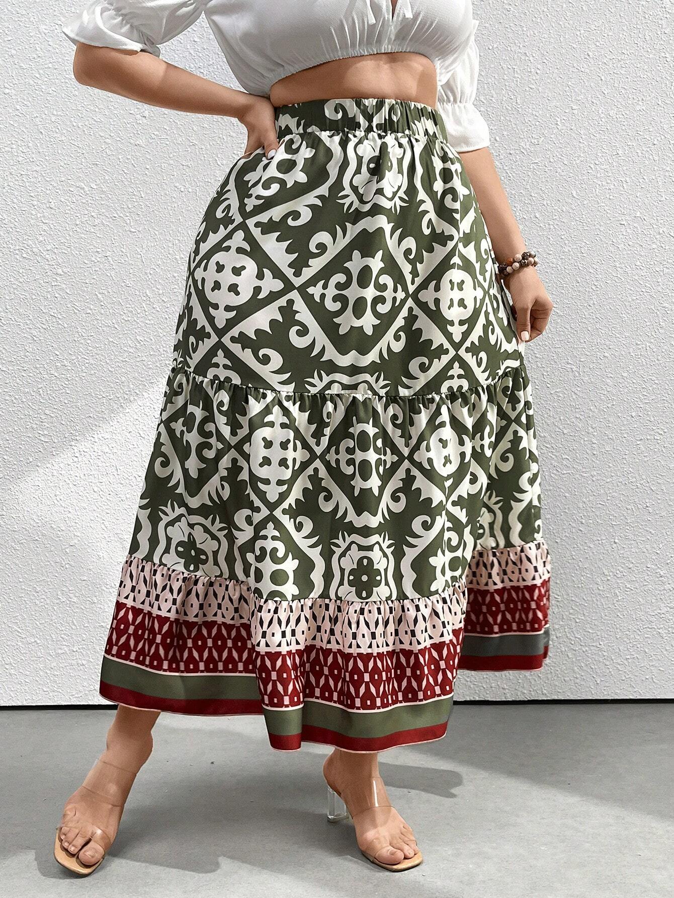 Damen Maxirock grün-weiß gemustert, Boho-Stil, elastischer Bund, Sommermode.