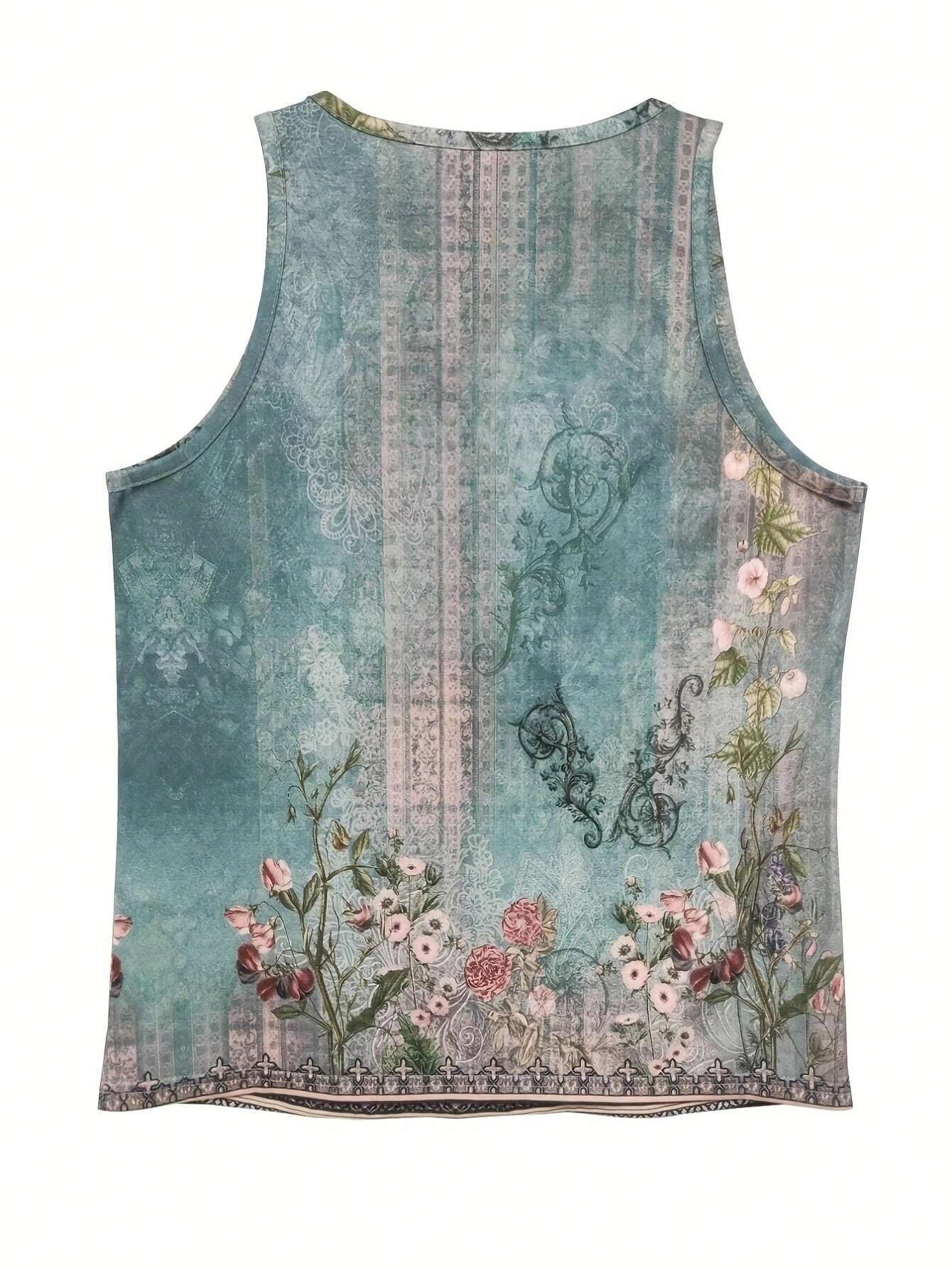 Damen-Top mit Blumenmuster, ärmellos, blau-grün, Baumwolle, Sommermode, elegant.