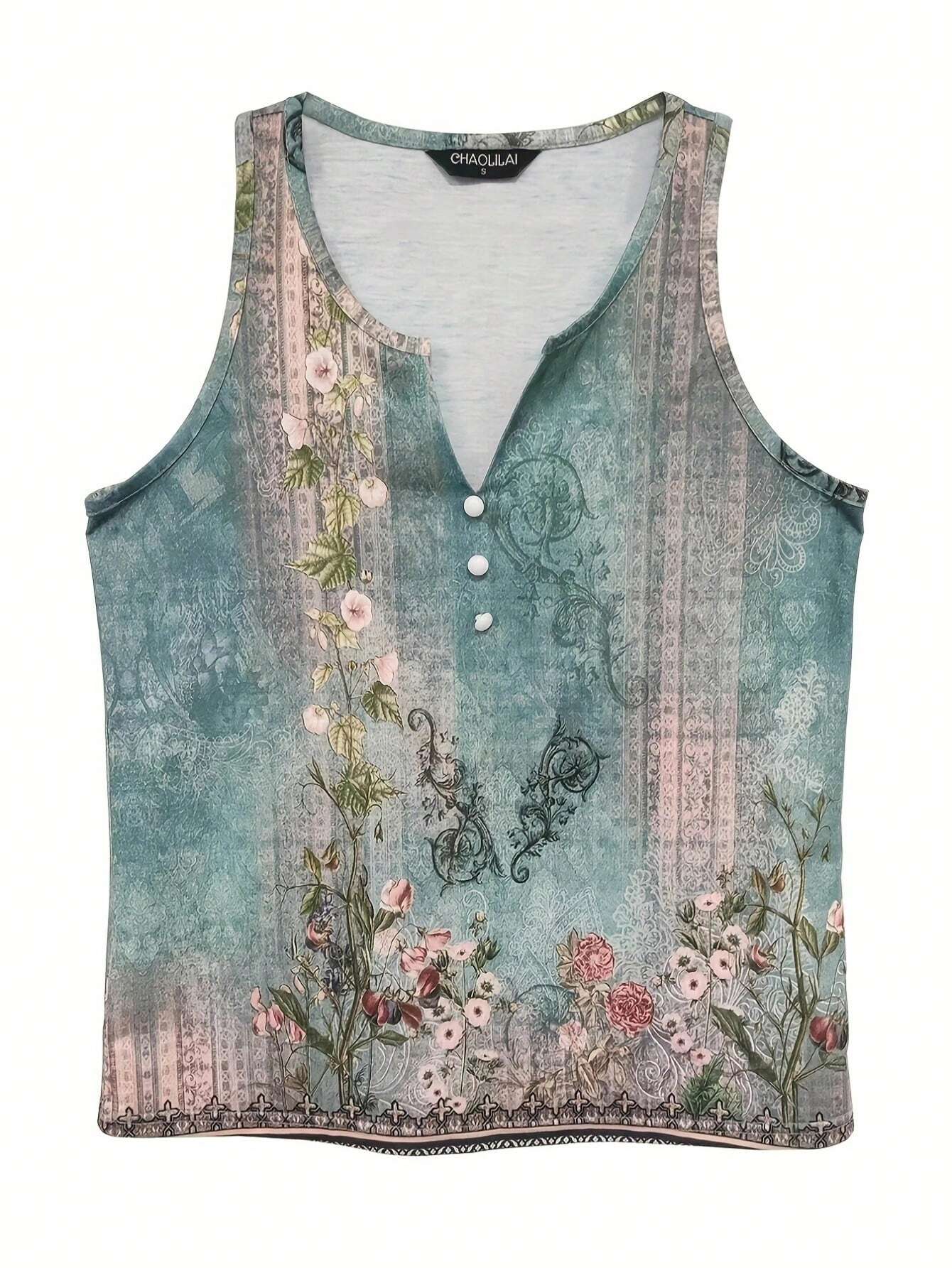 Ärmelloses Damen-Top, blau-grün, florales Muster, Knopfleiste, Sommermode, Baumwolle.