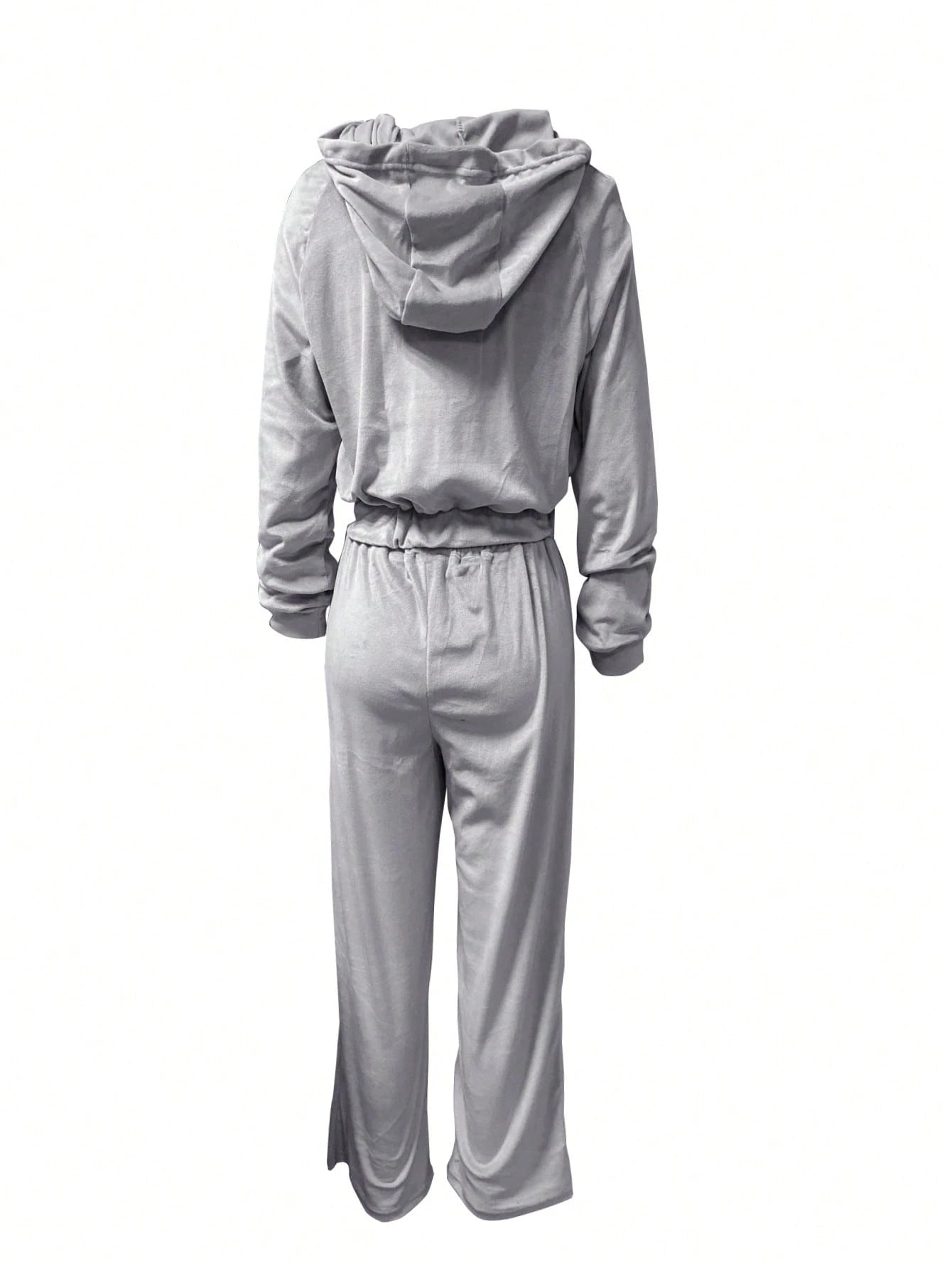 Grauer Damen-Jogginganzug mit Kapuze, langärmelig, bequem, Freizeitmode.