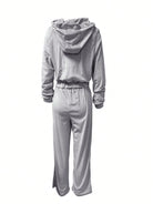Grauer Damen-Jogginganzug mit Kapuze, langärmelig, bequem, Freizeitmode.