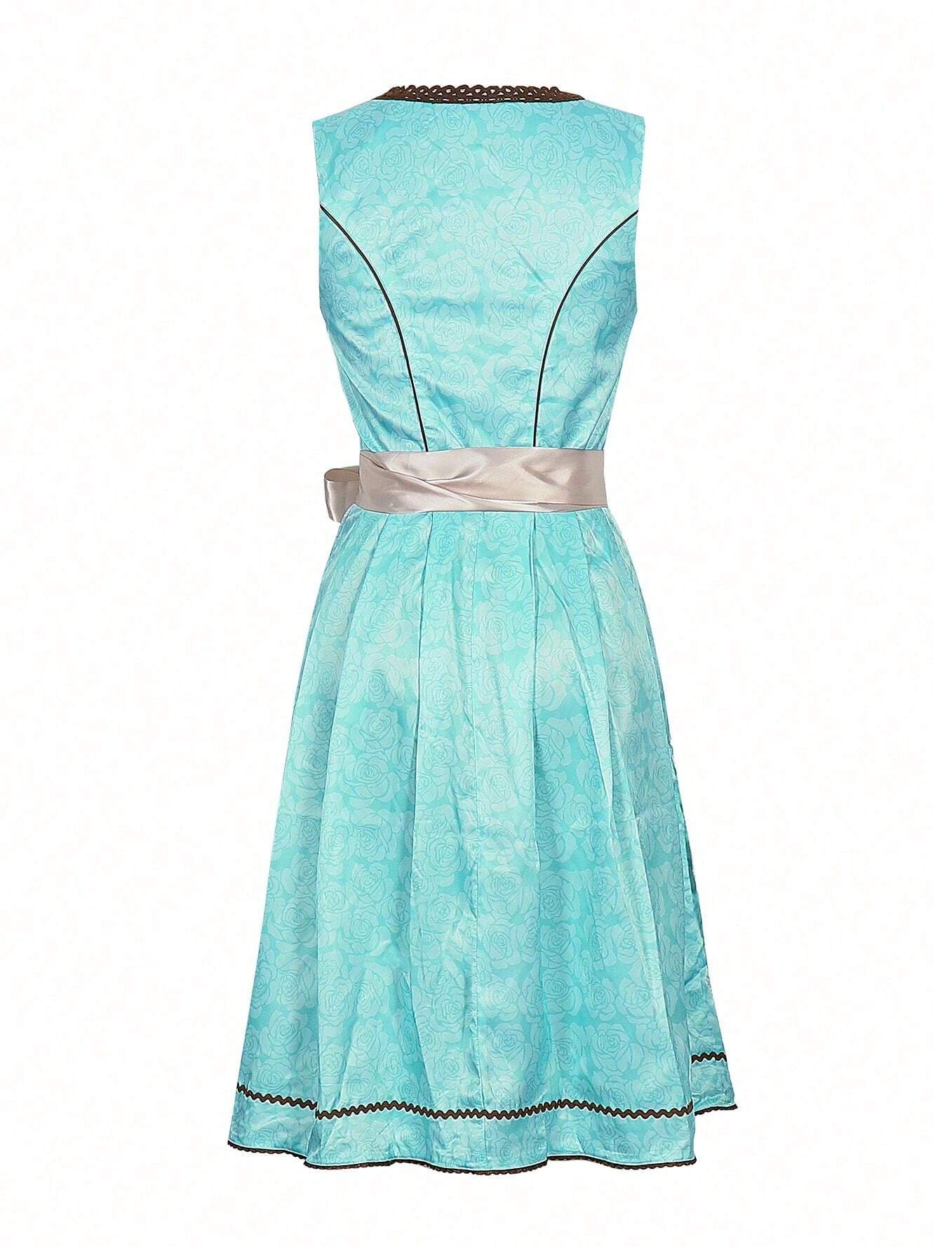 Elegantes, ärmelloses, blaues Kleid mit floralen Mustern und Taillenband. Perfekt für Sommermode, Damenbekleidung, festliche Anlässe.