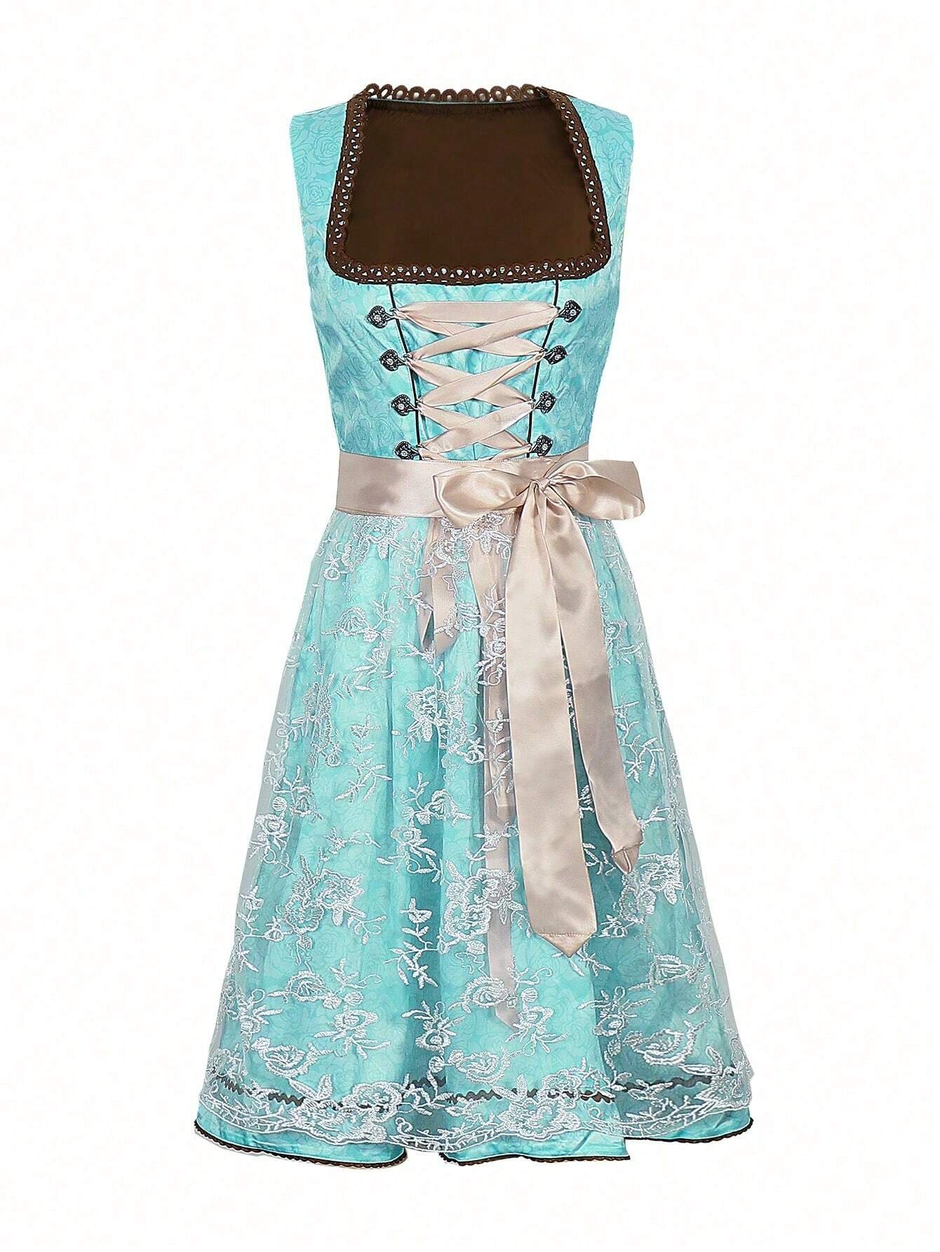 Elegantes türkisfarbenes Dirndl mit braunem Mieder, Schnürung und floraler Spitze. Perfekt für Oktoberfest, Trachtenmode und traditionelle Feste.