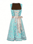 Elegantes türkisfarbenes Dirndl mit braunem Mieder, Schnürung und floraler Spitze. Perfekt für Oktoberfest, Trachtenmode und traditionelle Feste.