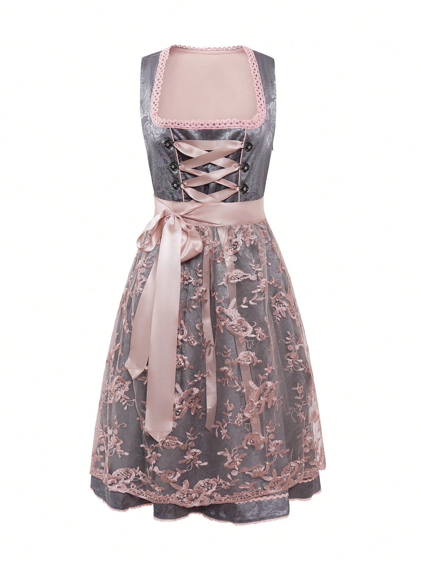 Elegantes graues Dirndl mit rosa Spitze und Schnürung, ideal für Oktoberfest und traditionelle bayerische Feste. Hochwertige Trachtenmode.