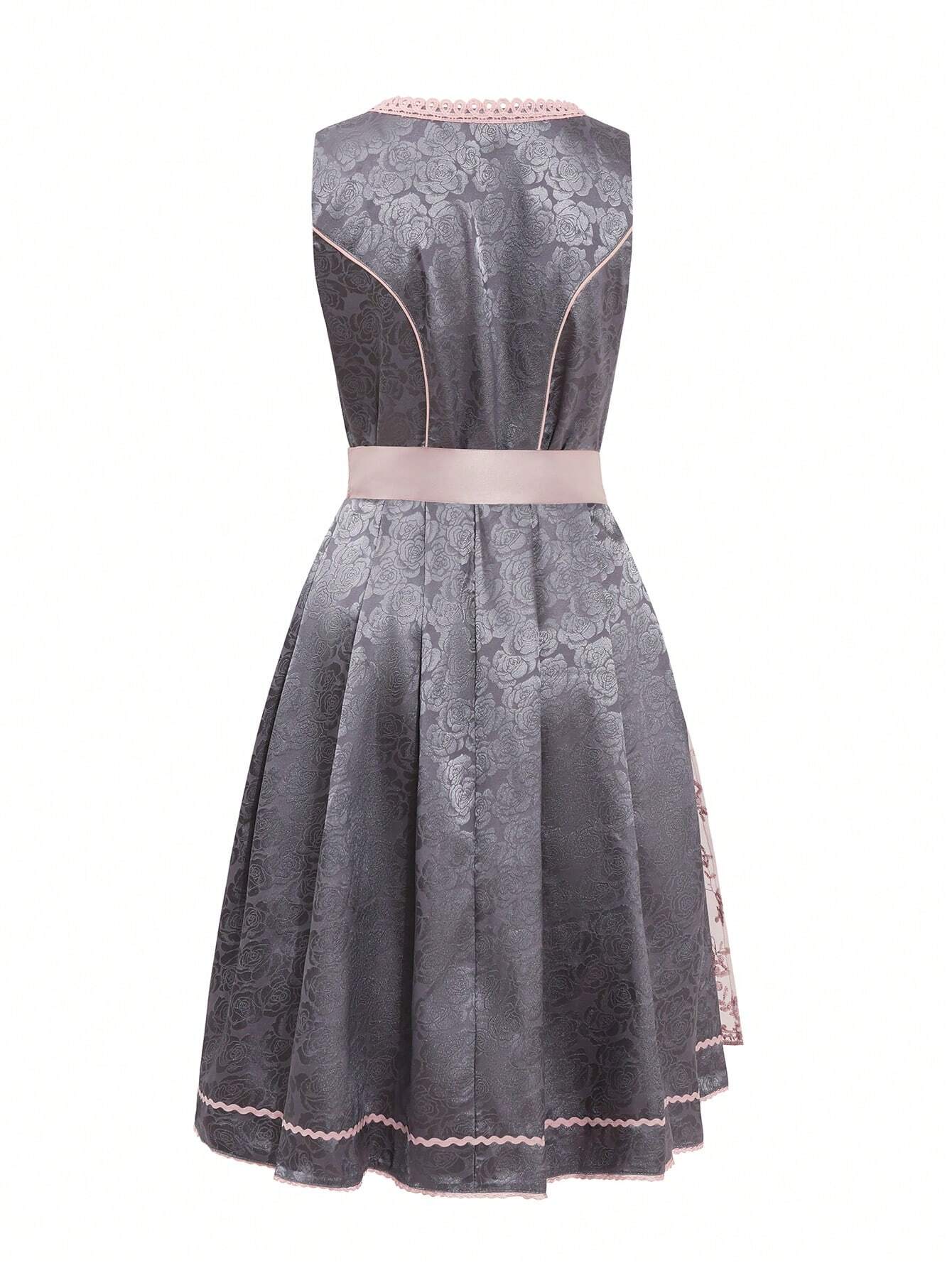 Elegantes graues Dirndl mit floralen Mustern, rosa Akzenten und traditionellem Design. Perfekt für Oktoberfest und festliche Anlässe.