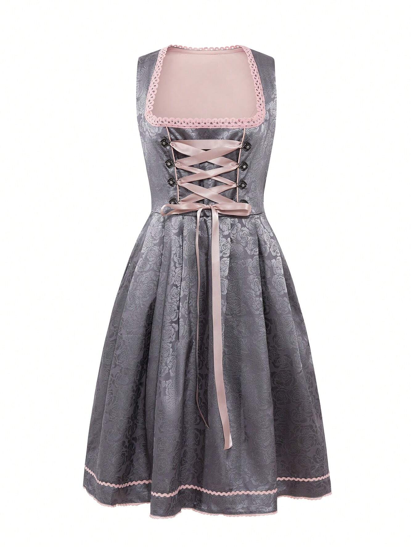 Graues Dirndl mit rosa Schnürung und Spitzenbesatz, traditionelles bayerisches Kleid, ideal für Oktoberfest, Trachtenmode, elegante Damenbekleidung.