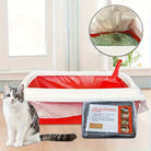 Katzentoilette mit rotem Einsatz und Schaufel, ideal für saubere Katzenpflege. Inklusive Anleitung und umweltfreundlichem Streu. Perfekt für Katzenbesitzer.