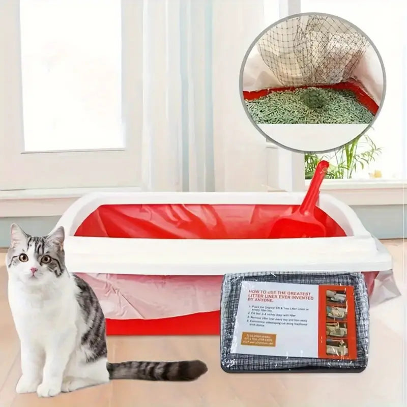 Katzentoilette mit rotem Einsatz und Schaufel, ideal für saubere Katzenpflege. Inklusive Anleitung und umweltfreundlichem Streu. Perfekt für Katzenbesitzer.