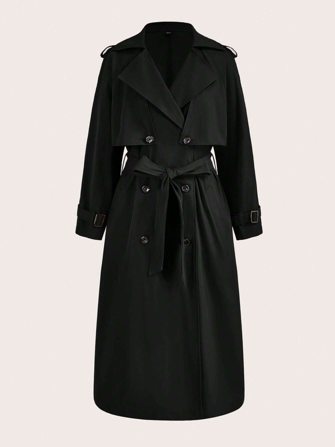 Eleganter schwarzer Trenchcoat für Damen, klassisches Design mit Gürtel und Knöpfen, ideal für Herbstmode und zeitlosen Stil.