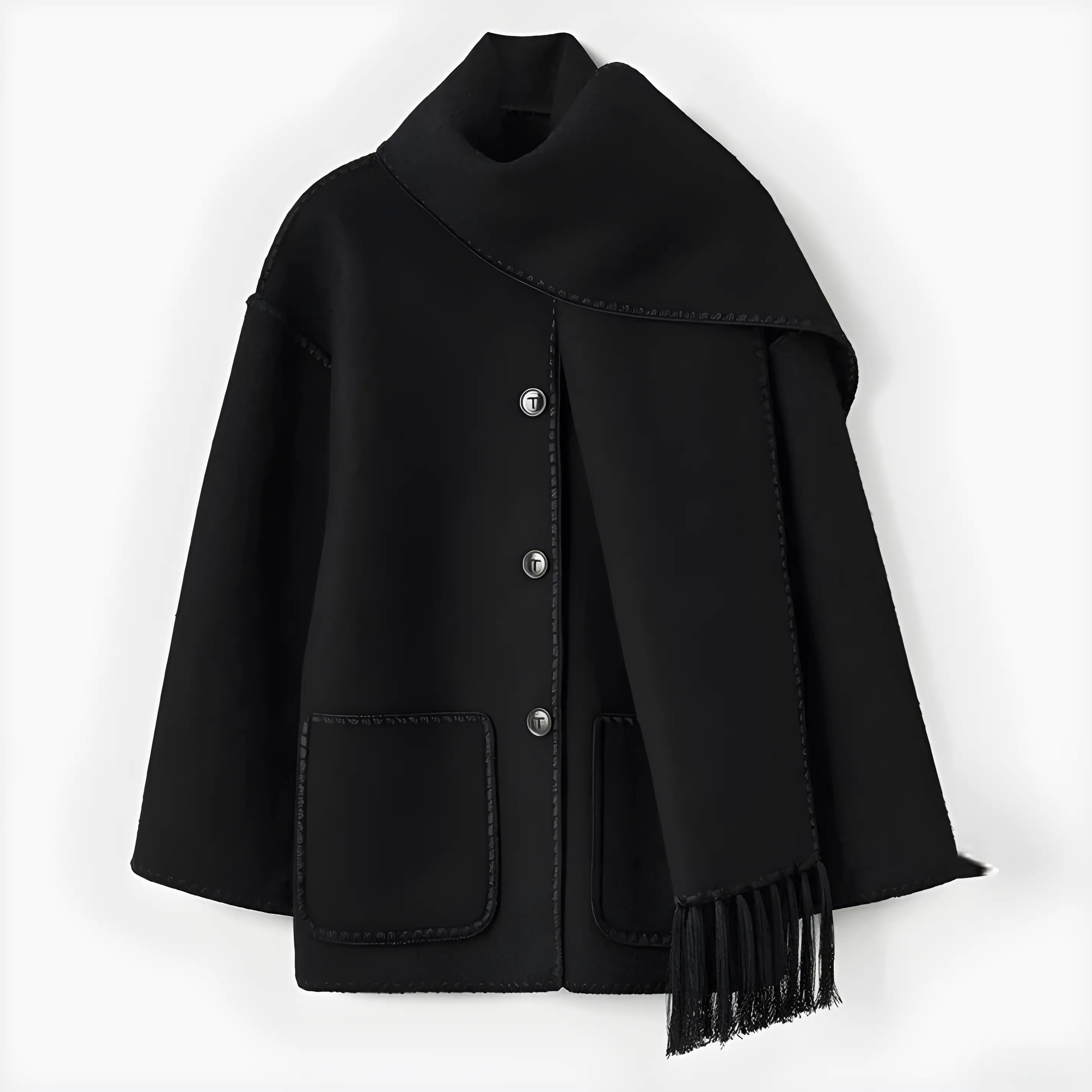 Eleganter schwarzer Wollmantel mit Knöpfen und integriertem Schal, ideal für Herbstmode. Hochwertige Verarbeitung, zeitloses Design.