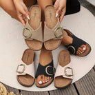 Damen Sandalen mit großer Schnalle, beige und schwarz, bequem, modisch, Sommermode.