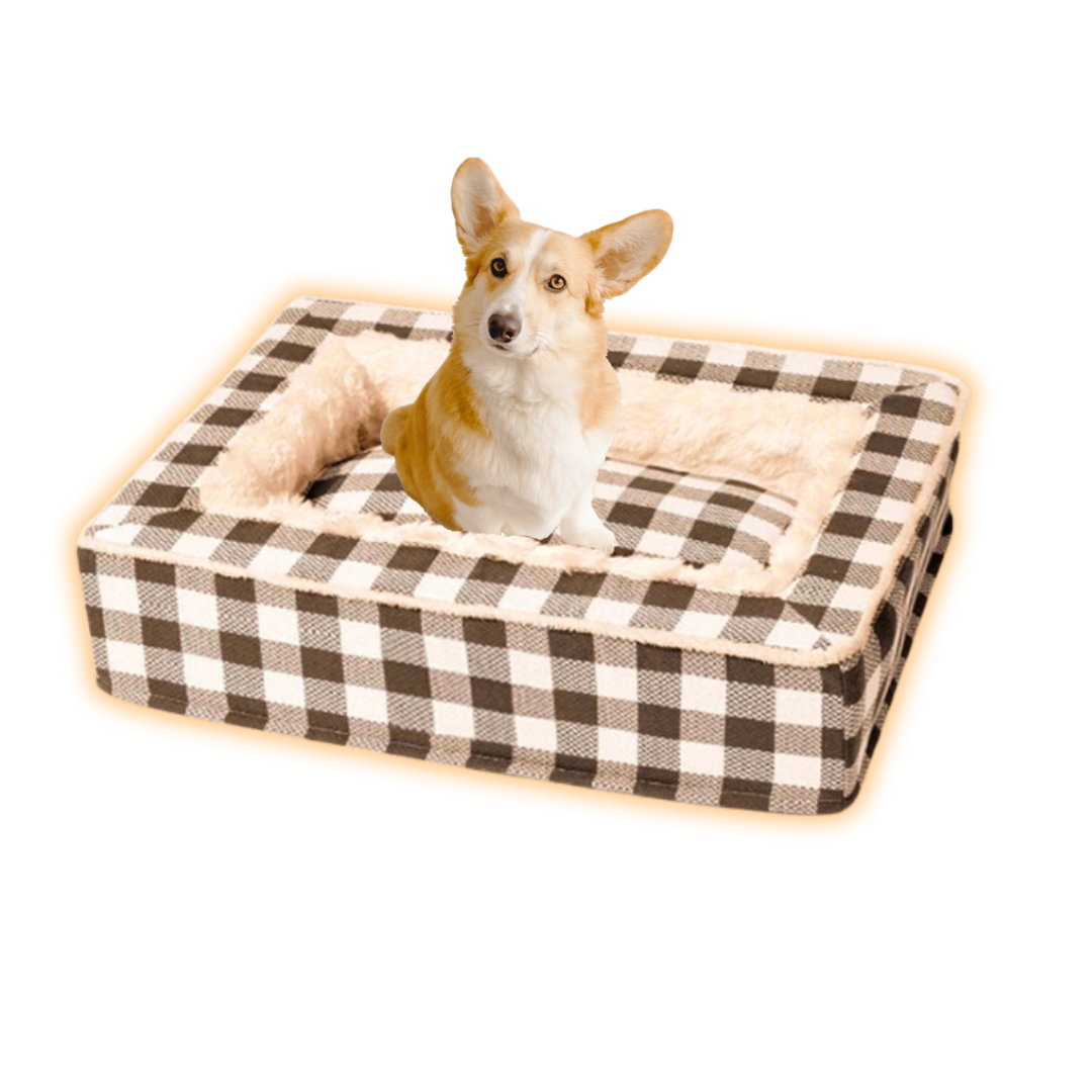 Rechteckiges Hundebett mit kariertem Muster und weichem Innenfutter, ideal für kleine Hunde. Komfortables Haustierbett, stilvoll und gemütlich.