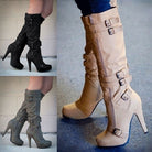 Damenstiefel mit hohem Absatz, Schnallen und Reißverschluss in Schwarz, Beige und Grau. Modische, elegante Stiefel für Herbst und Winter.